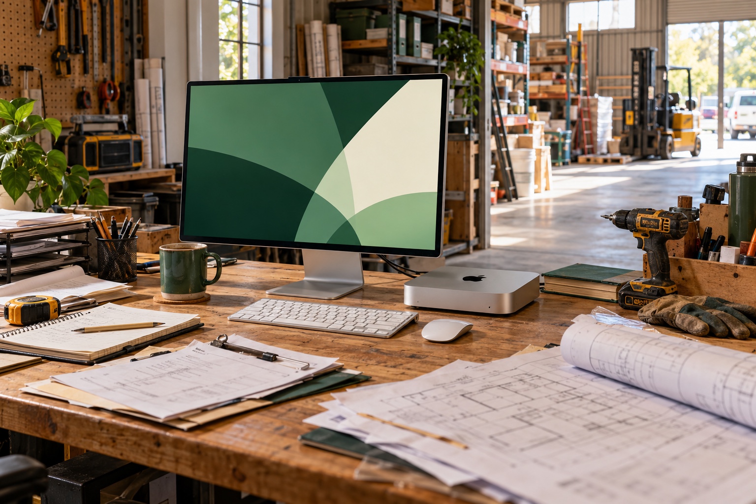 A Mac mini workstation surrounded by plans, paperwork and tools in a contractor’s warehouse office